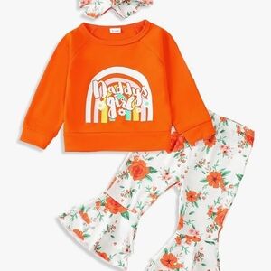 NWT Orange 'Daddy's Girl' Sweatshirt and Floral Pants, Bow Set